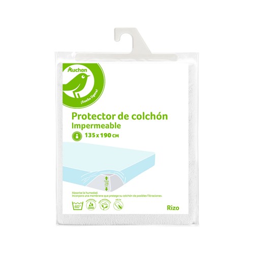 Protector colchón 135x190cm hasta 28cm de altura, rizo, de polietileno, impermeable, modelo Essential. AUCHAN