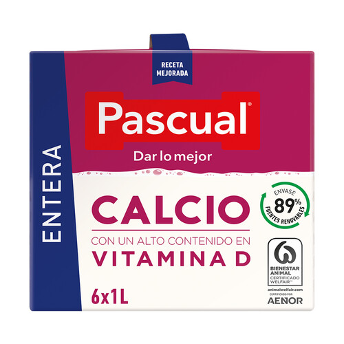PASCUAL Leche entera de vaca, con calcio y con un alto contenido de vitamina D PASCUAL 6 x 1 l.
