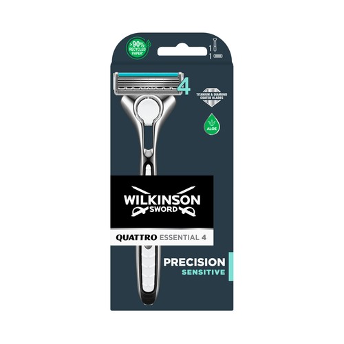 WILKINSON Quattro essentials sensitive Maquinilla de afeitar recargable con cabezal pivotante de 4 hojas.