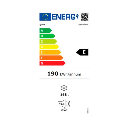 Congelador vertical QILIVE Q.6640, color blanco, clasificación energética: E, H: 144cm, A: 55cm, F: 57cm.