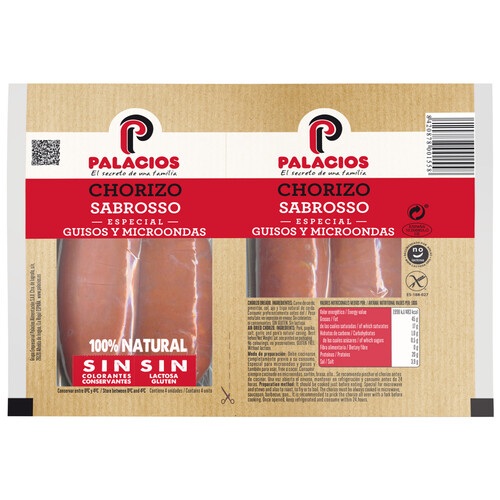 PALACIOS Chorizo Oreado 100% natural, especial guisos y microondas PALACIOS 2 x 100 g.