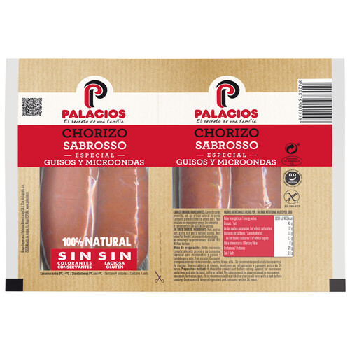Chorizo Oreado 100% natural, especial guisos y microondas PALACIOS 2 x 100 g.