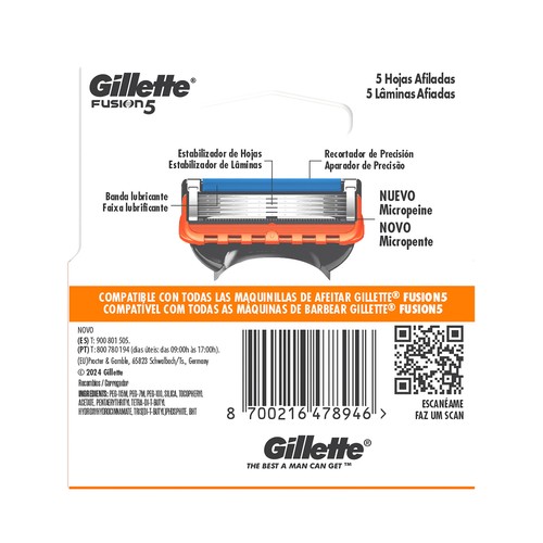 GILLETTE Fusion 5 Recambio de cuchillas de 5 hojas para maquinillas de afeitar 4 uds.