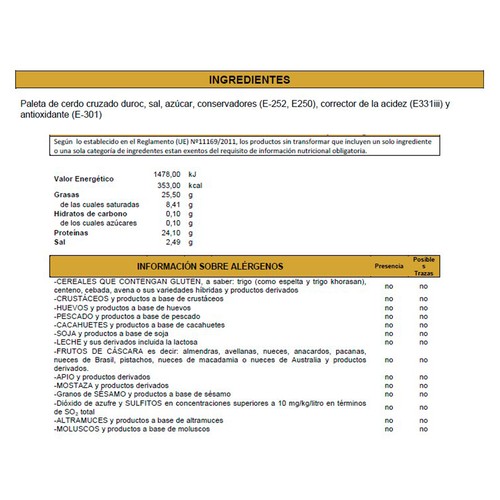 COMABU Paleta 50 % Duroc, cortada en lonchas 100 g. 