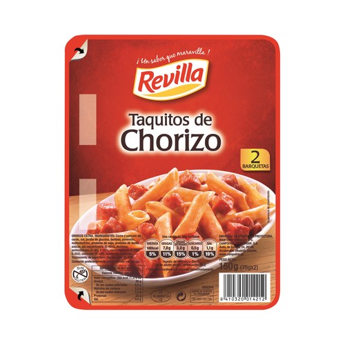 Taquitos de chorizo extra, envasados en atmosfera protectora REVILLA 2 x 75 g.