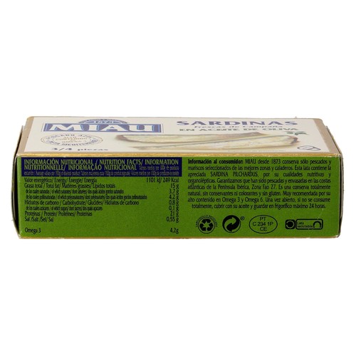 MIAU Sardinas en aceite de oliva lata de 88 g.
