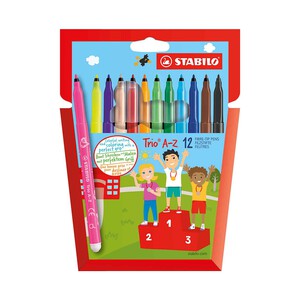 Imagen de Rotulador con zona de sujeción triangular STABILO Trio A-Z - Estuche de 12 colores (10 colores estándar + 2 colores neón).