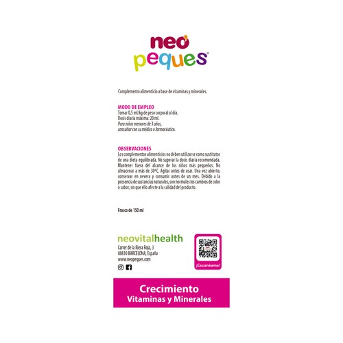 NEO PEQUES Crecimiento Complemento alimenticio a base de vitaminas y minerales, sabor naranja 150 ml.