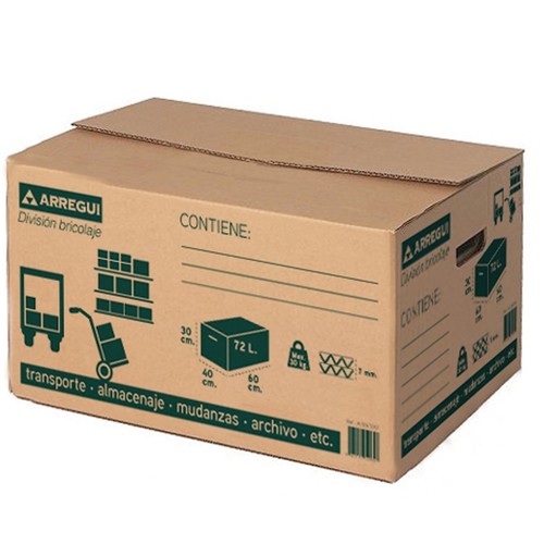Caja de cartón de color marrón con capacidad para 72 litros y medidas 60x40x30 centímetros ARREGUI.