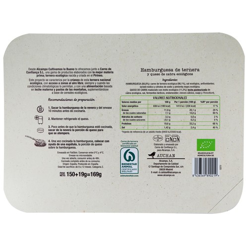 ALCAMPO CULTIVAMOS LO BUENO ECOLÓGICO Hamburguesa con medallón de queso de cabra duo ecológico  169g.