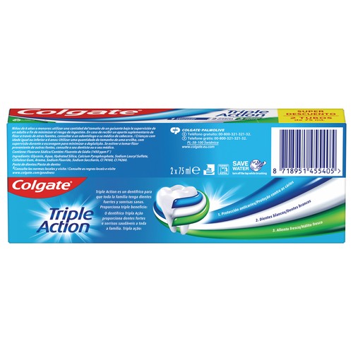 COLGATE Triple acción Pasta de dientes con flúor, calcio y sabor a menta 2 x 75 ml.