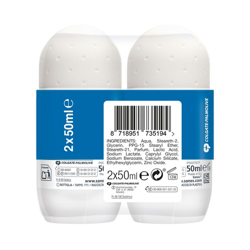 SANEX Zero % extra control Desodorante roll on para mujer, antitranspirante hasta 48 horas 2 x 50 ml.