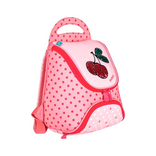 Mochila preescolar diseño de cerezas, color rosa, PRODUCTO ALCAMPO, 24x25x13cm.