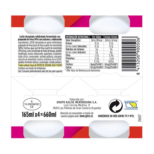 KALISE Yogur líquido con fresa, sin gluten y bajo en grasa  Kaliglub 4 x 165 ml.