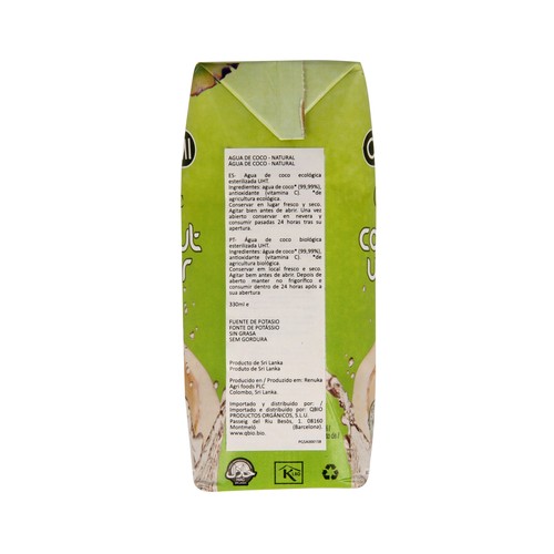 COCOMI Agua de coco natural ecológica COCOMI BIO ORGANIC 330 ml.
