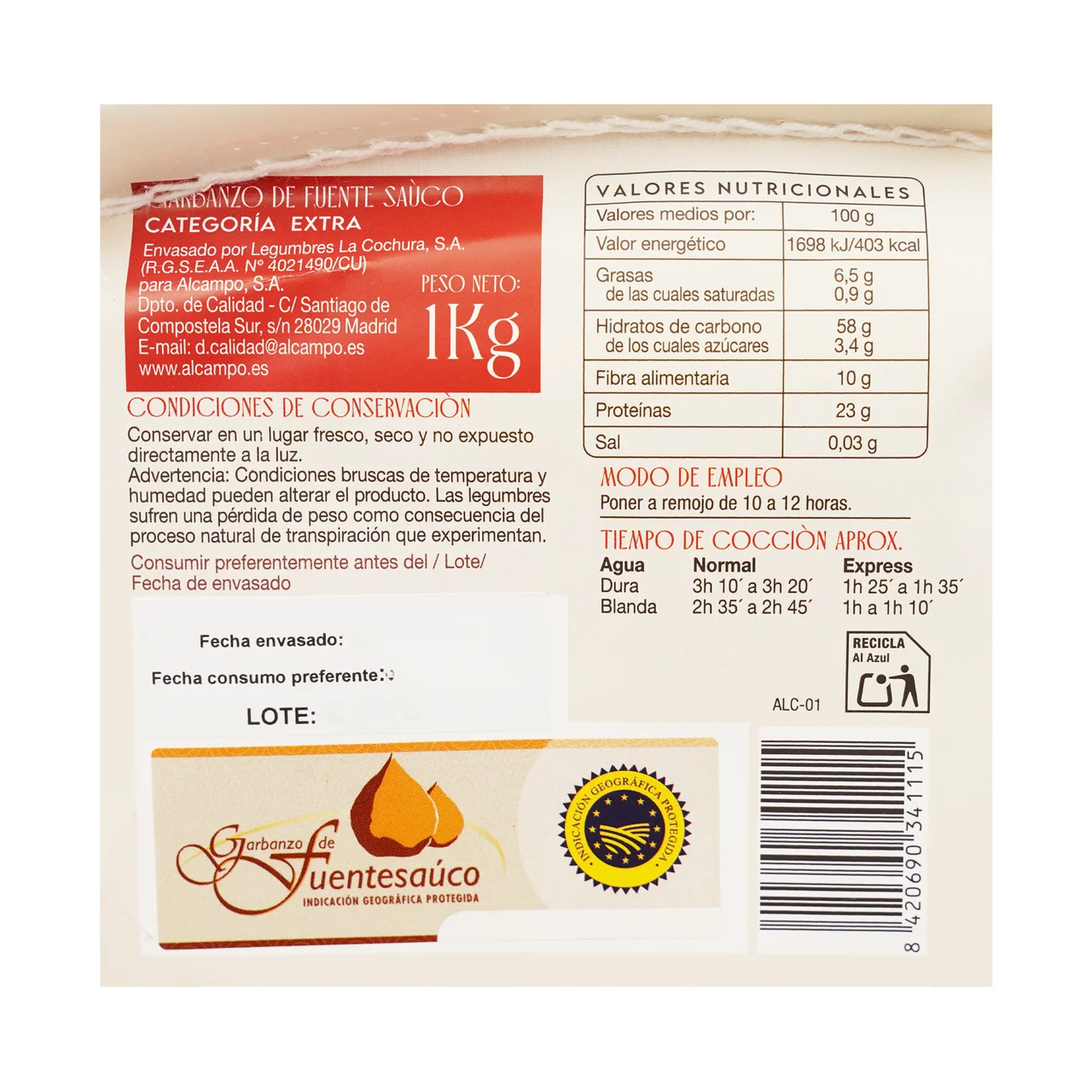 PRODUCTO ALCAMPO Garbanzos extra IGP Fuentesauco 1 kg.