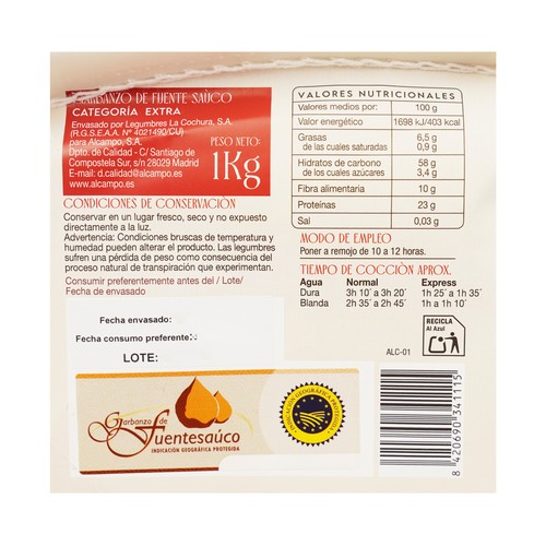 PRODUCTO ALCAMPO Garbanzos extra IGP Fuentesauco 1 kg.