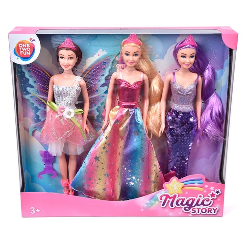 Conjunto 3 Muñecas Magic Story Fantasía Hada, Sirena y Princesa +3 Años ONE, TWO FUN