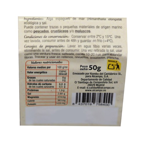 ALCAMPO CULTIVAMOS LO BUENO ECOLÓGICO Bandeja algas espagueti mar 50 g.