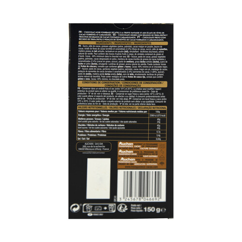 ALCAMPO GOURMET Chocolate negro relleno con trufa y trozos de cacao ALCAMPO GOURMET 150 g.