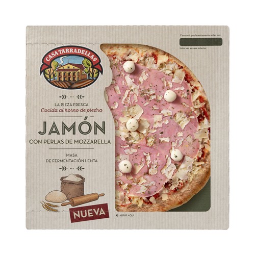 CASA TARRADELLAS Pizza fresca de jamón con perlas de Mozzarella, cocida al horno de piedra CASA TARRADELLAS 400 g.