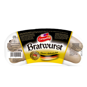 Imagen de CAMPOFRÍO Salchichas cocidas Bratwurst tipo Aleman, elaboradas sin gluten CAMPOFRÍO 260 g.