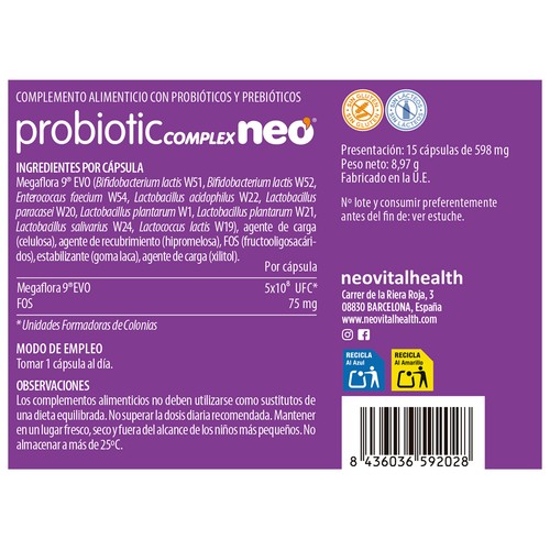 NEO Complex Complemento nutricional con probióticos y prebióticos 15 cápsulas.