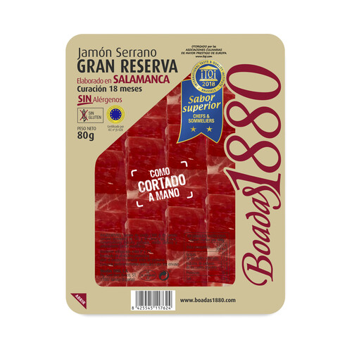 Jamón serrano gran reserva, con curación de 18 meses y cortado en finas lonchas BOADAS 1880 80 g.