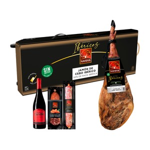 Imagen de NAVIDUL Lote con jamón de cebo ibérico (50% raza ibérica), chorizo ibérico, cabecero de lomo Duroc y vino Marqués de Treviño.