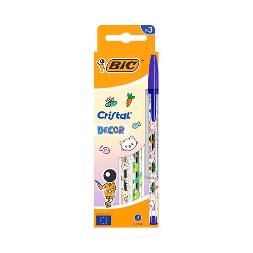 Set 3 bolígrafos cristal kawaii azul. BIC