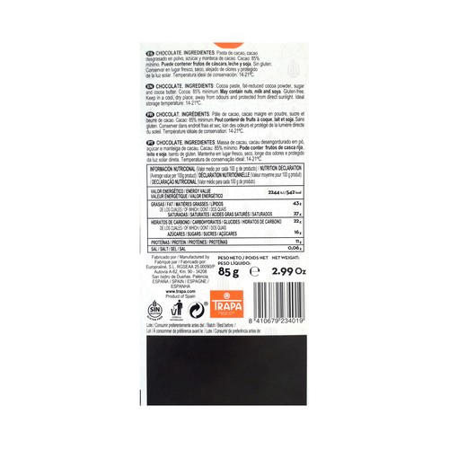 TRAPA Collection Chocolate negro 85 % cacao 85 g.