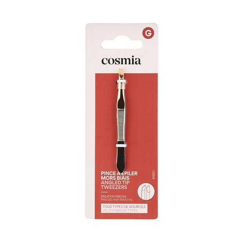 COSMIA Pinza metálica de depilar con punta oblicua, para una depilación precisa de todo tipo de cejas.