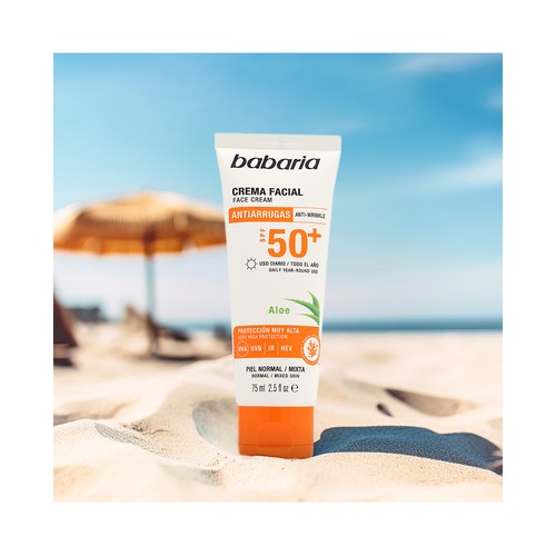 BABARIA Protector solar facial, anti polución y anti envejecimiento con FPS 50+ (muy alto) 75 ml.