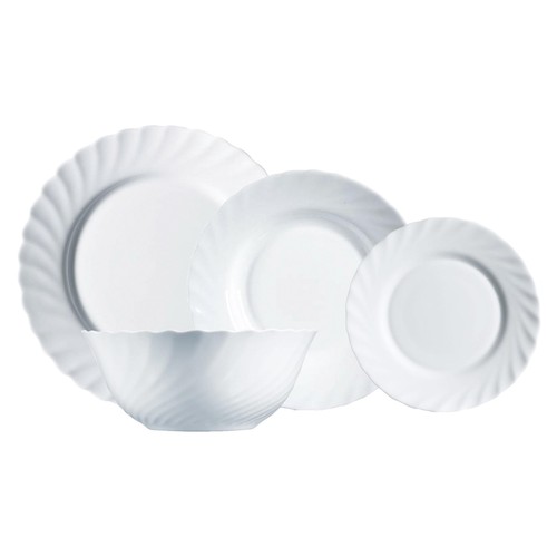 Vajilla 19 piezas fabricada en vidrio Opal color blanco y diseño clásico redondeado, Trianon LUMINARC.
