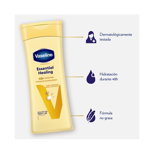 VASELINE Essential healing Loción corporal hidratante con glicerina y extracto de avena, para pieles secas 400 ml.