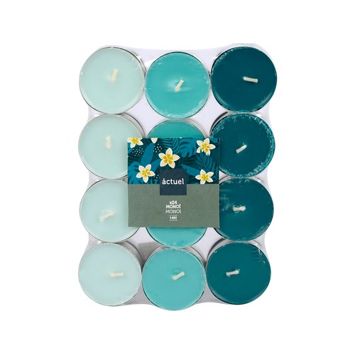 Set de 24 tealights con aroma Monoi, 3 colores, ACTUEL.