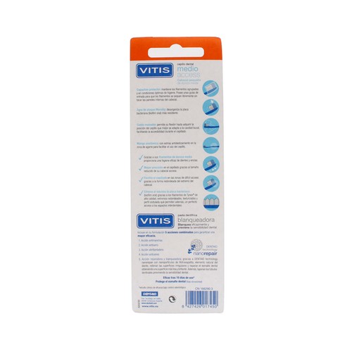 VITIS Cepillo de dientes con cabezal pequeño y dureza media VITIS 2 uds + obsequio dentífrico.