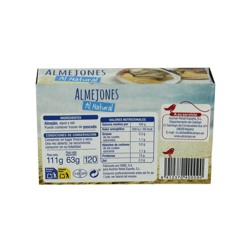 PRODUCTO ALCAMPO Almejones al natural PRODUCTO ALCAMPO 63 g.