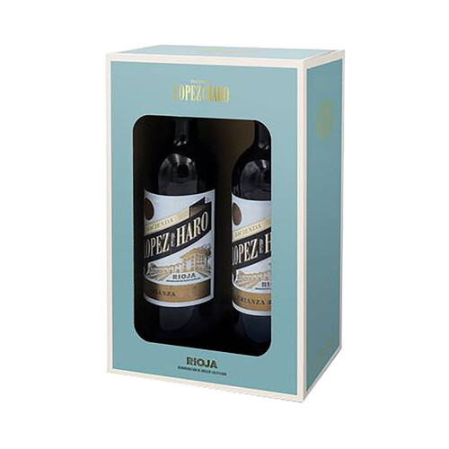 Estuche con 2 botellas de vino tinto crianza con denominación de origen calificada Rioja LOPEZ DE HARO.