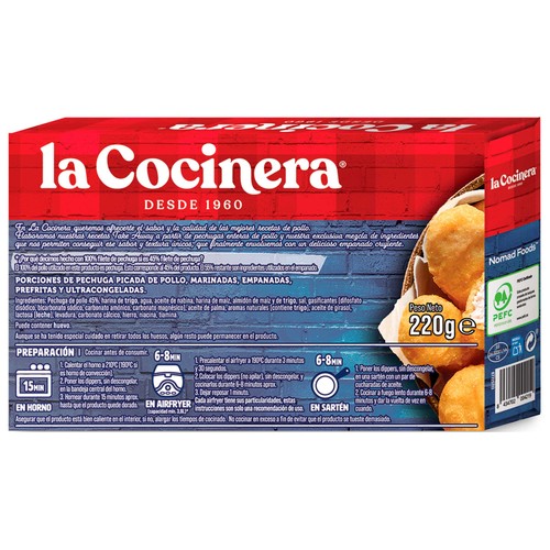 LA COCINERA Take away Porciones de pechuga picada de pollo, marinadas y empanadas, estilo americano 220 g.
