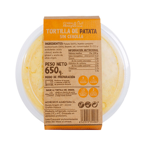 CORRAL DE MONEGROS Tortilla de patatas fresca y sin cebolla CORRAL DE MONEGROS 650 g.