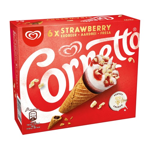 CORNETTO Conos de helado de leche, con salsa de fresa y chocolate blanco 6 x 90 ml.