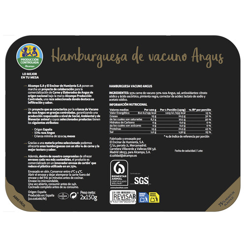 Hamburguesa de añojo Angus de origen nacional ALCAMPO PRODUCCIÓN CONTROLADA 2 x 150 g.
