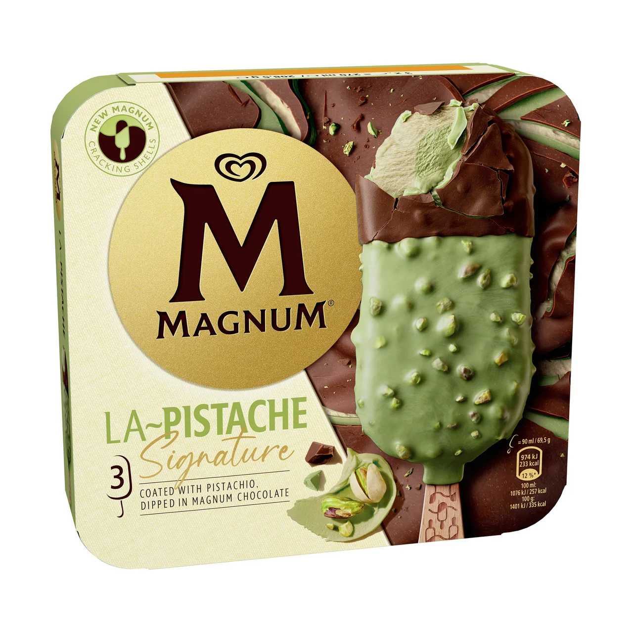 MAGNUM La pistache signature Helado de pistacho cubierto de chocolate con leche y pistachos caramelizados 3 x 90 ml.