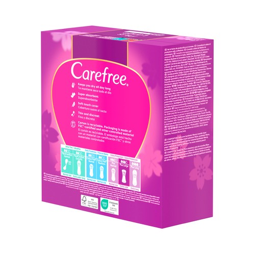 CAREFREE Salvaslips (protegeslips) extra largos, super absorbentes, sin fragancia 64 uds.