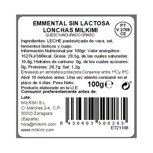 MILKIMI Queso lonchas Emmental sin lactosa MILKIMI 100 g.