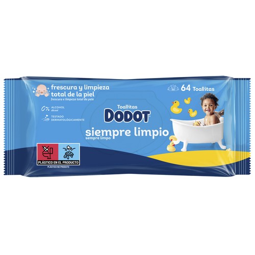 DODOT Siempre limpio Toallitas humedas para bebé, aptas para manos y cara 64 uds.