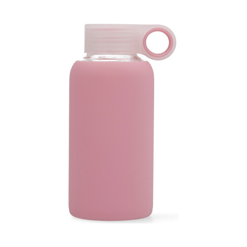 Botella de vidrio con cubierta de silicona color rosa y tapón de rosca, 0,35 litros QUID.