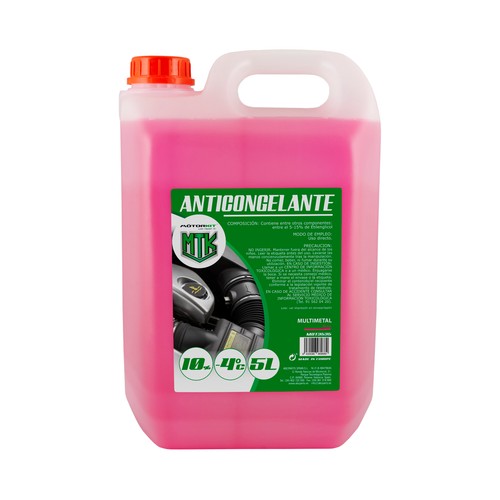 Líquido refrigerante con temperatura de protección de hasta -4ºC, 5L rosa, 10% Monoetilenglicol, MOTORKIT.