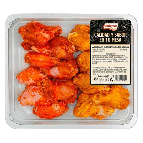 EMCESA Bandeja con alitas de pollo con adobo rojo y al estilo al-andalus (marinado amarillo) 1 kg.